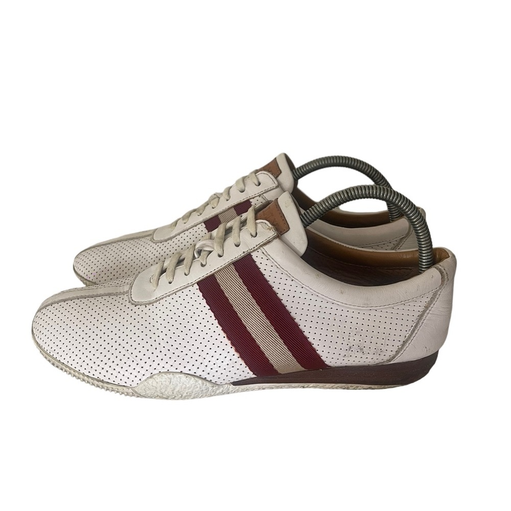 Bally Frenz Size 9.5 Perforated Leather Textile-Stripe White Platform Sneakers - Picture 2 of 10